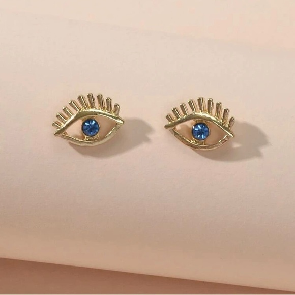 Rhinestone Blue Eye Stud Earrings - Picture 1 of 3